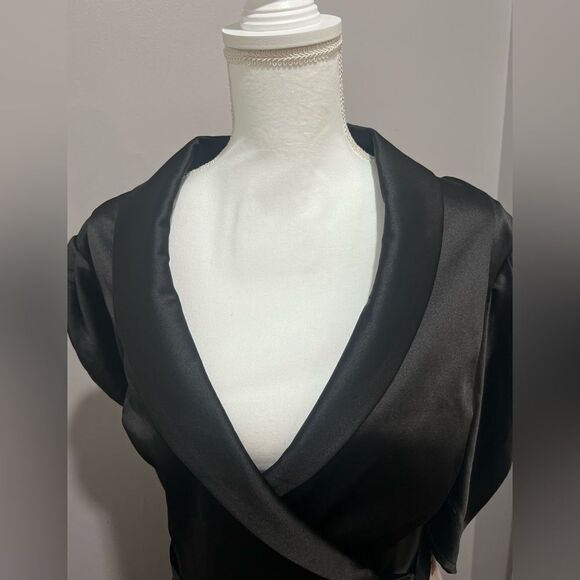 NWT Ieena for Mac Duggal Black Satin Lapel Puff Sleeve Tea Length Dress size 14 - Picture 10 of 16